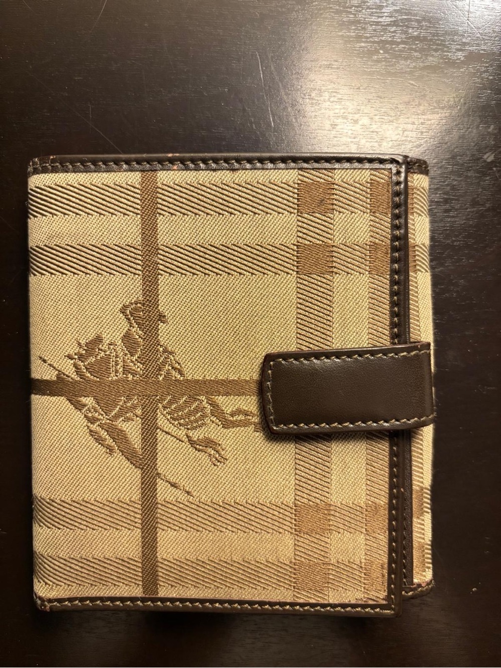 Burberry Classic Tan Plaid Canvas Wallet with Dark Brown Leather Trim